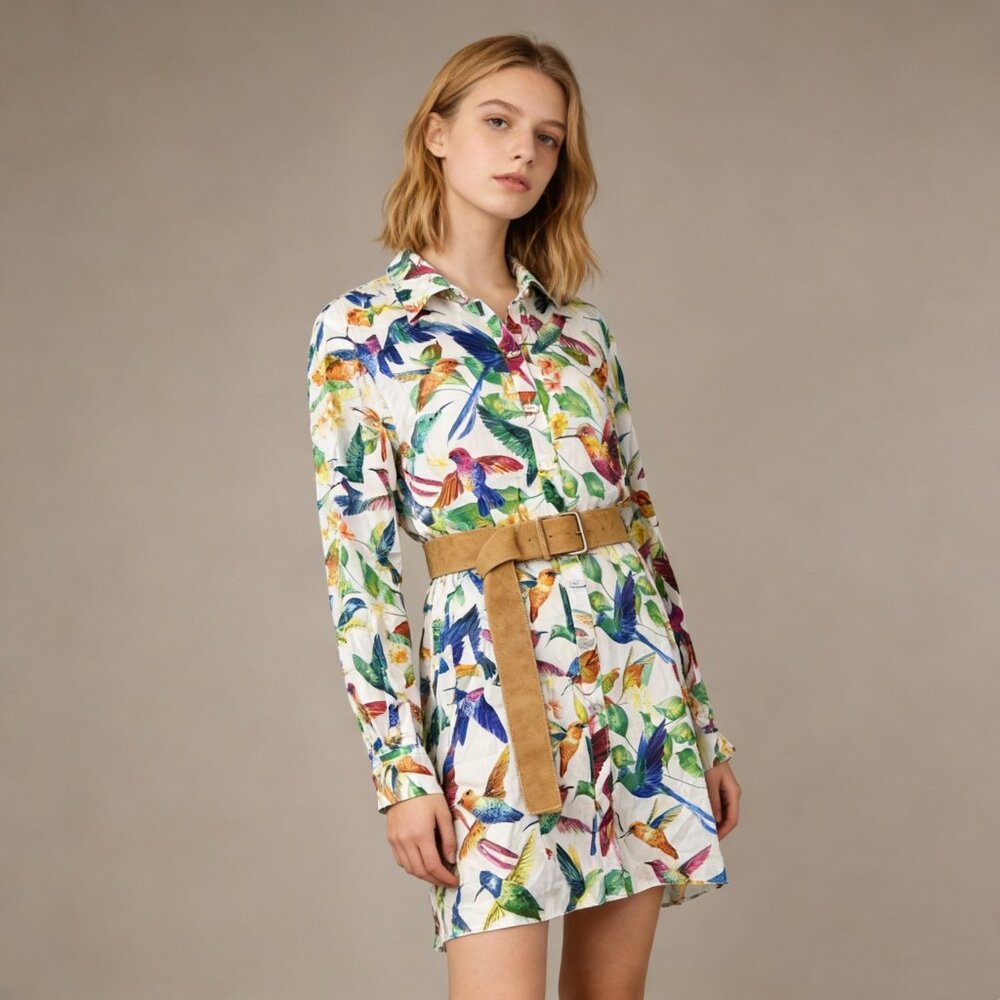 NWOT John Mark Floral Bird Long Sleeve Multicolor Shirt Tunic Blouse Top Size M
